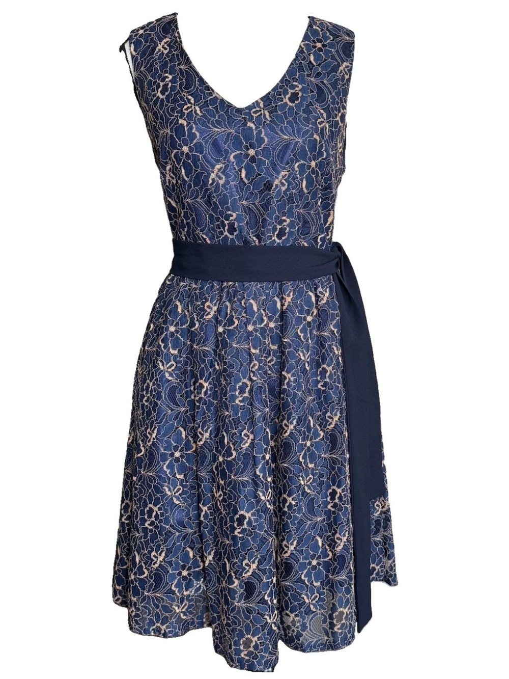 Hazel Navy Gold Floral Lace A-Line Dress Medium V-Neck Sleeveless Sash Cocktail